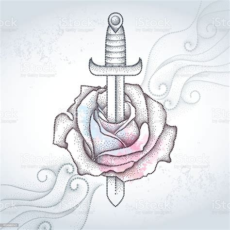 Dotted Rose Flower And Dagger On The Textured Gray Background With