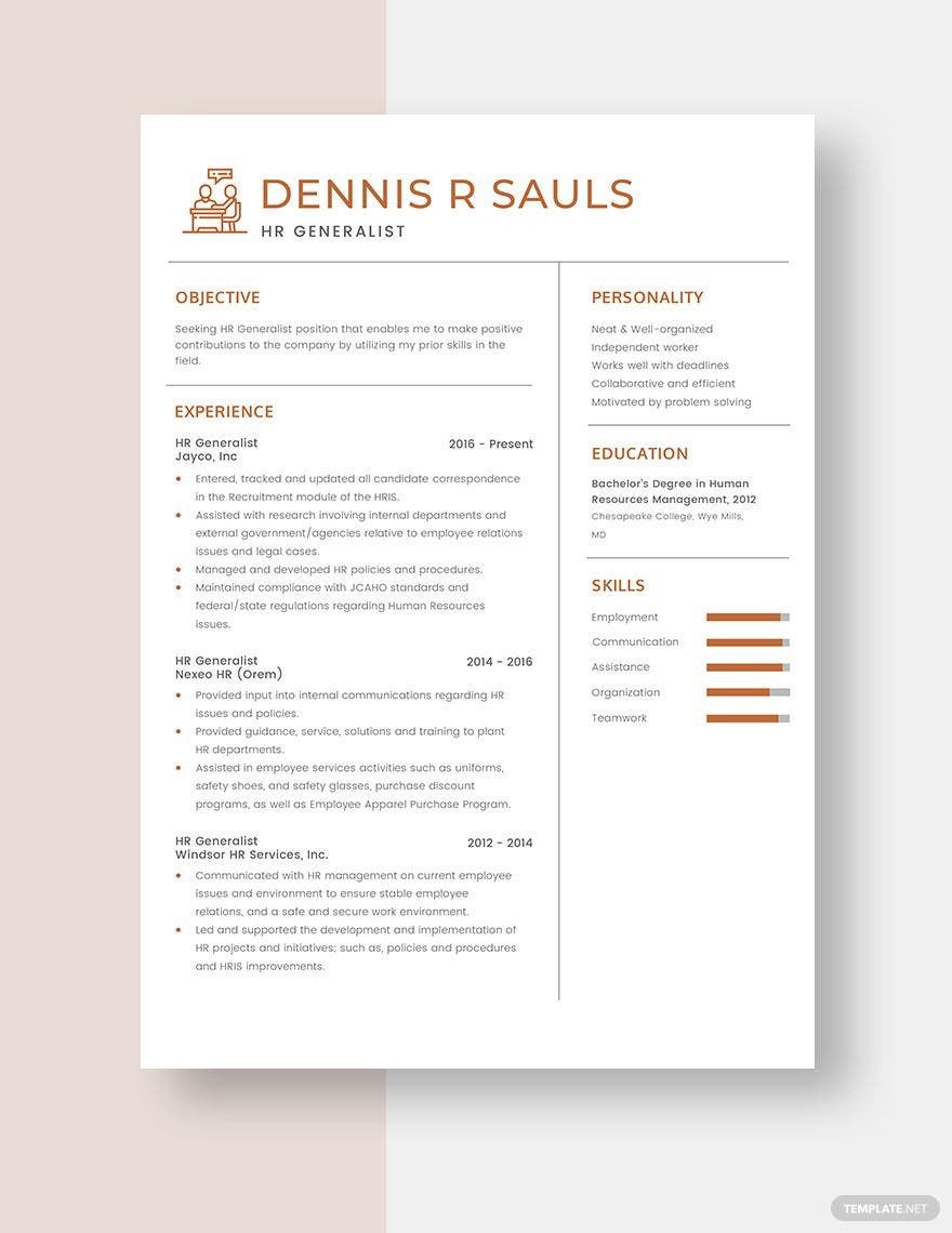 Download Free Hr Generalist Resume Docx Word Template On Resumethatworks Com