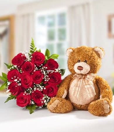 Dozen Red Roses With Teddy Bear R 025