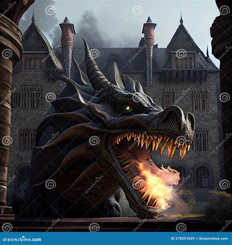 Dragon Breathing Fire On An Intricately Detailed Castle Created With