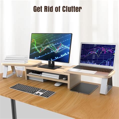 Dual Monitor Stand Riser With Adjustable Length Angles 3 Shelf