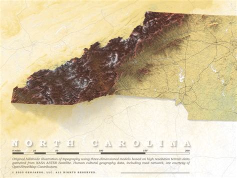 Elevation Map Of North Carolina Topo Wall Art Geojango Maps