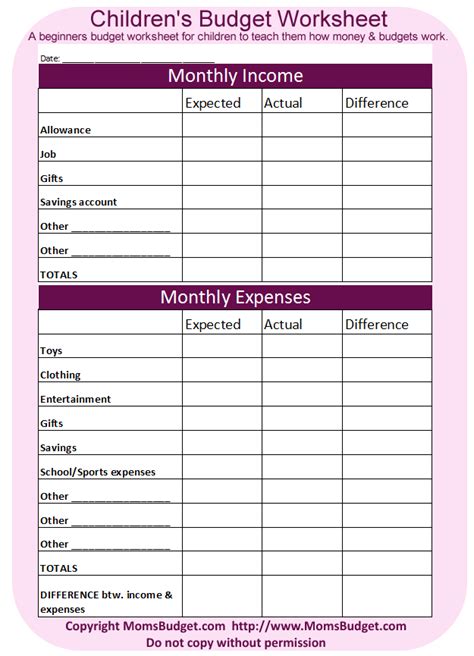 Empower Your Kids With Money Management The Pink Budget Worksheet Moms Budget