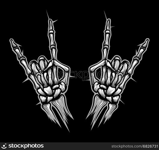 Engraving Rock Horn Sign Vector Illustration Devil Skeleton Heavy