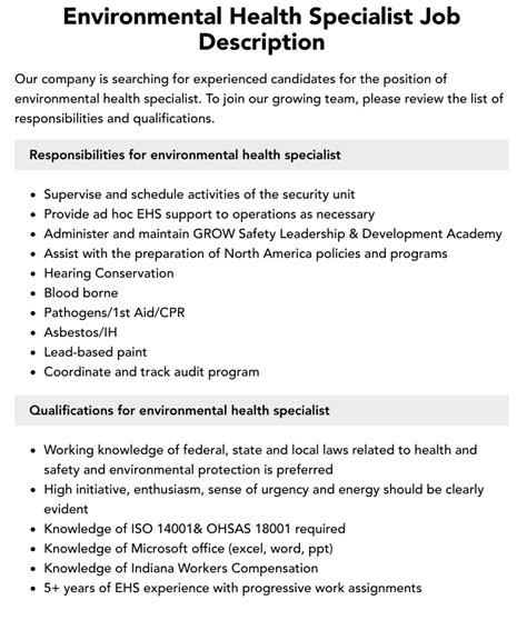 Environmental Health Specialist Job Description and Duties