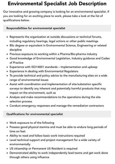 Environmental Specialist Job Description Velvet Jobs