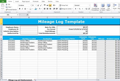 Excel Mileage Log