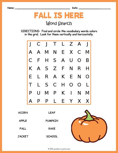 Fall Word Search Easy