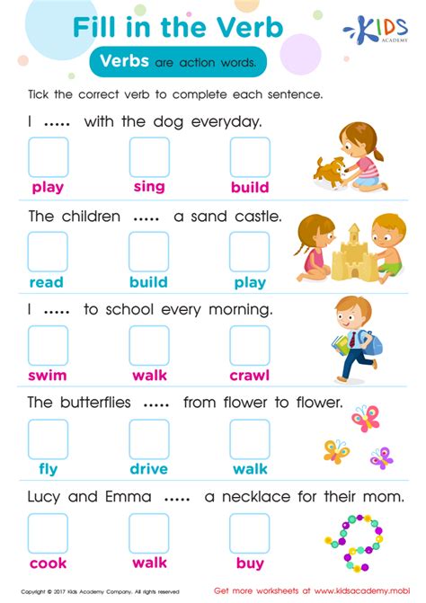 Fill In The Verb Printable Grammar Worksheet For Kids