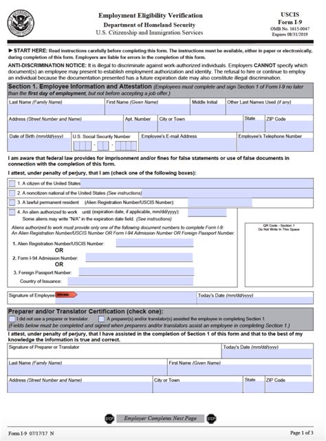 Fillable Online Employment Eligibility Verification Form I 9 Pdf