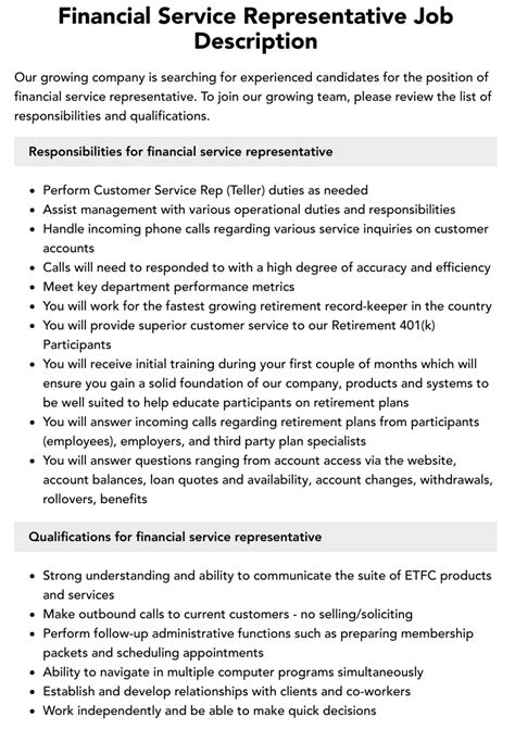 Financial Service Representative Job Description Velvet Jobs