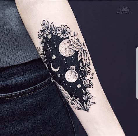 Forearm Floral Framed Tattoo Galaxy Tattoo Small Planets Stars Moon Black Background Forearm