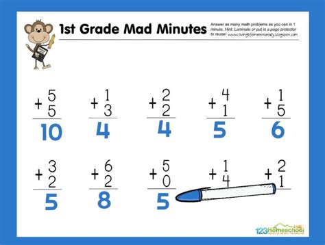 Free 1St Grade Printable Math Worksheets First Grade Mad Minutes