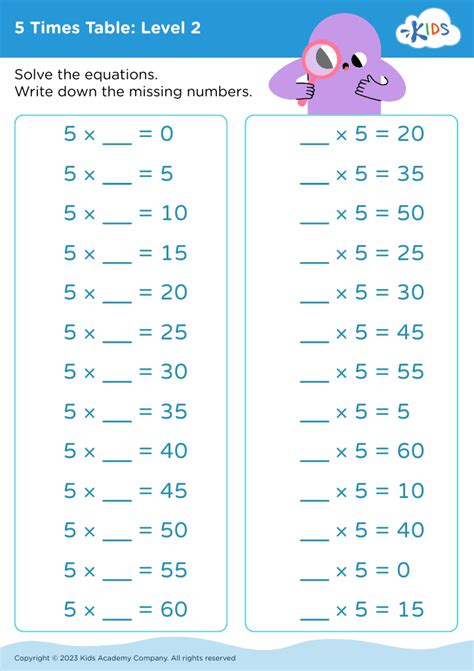 Free 5 Times Table Level 2 Worksheet For Kids