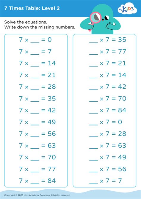 Free 7 Times Table Level 2 Worksheet For Kids