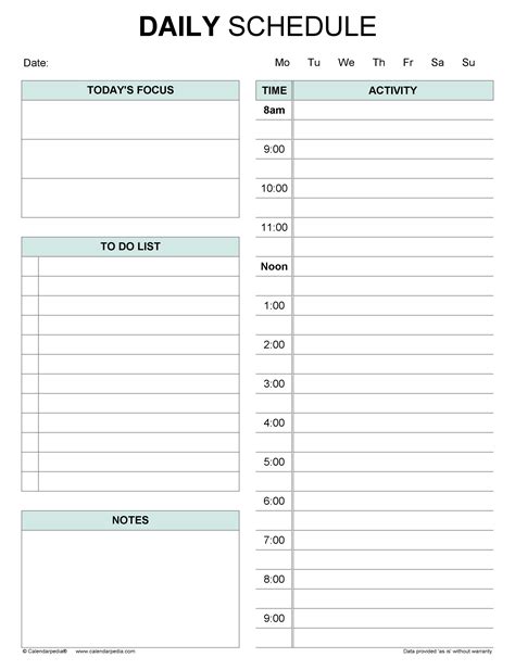 Free Daily Printable Schedule Template Daily Calendar Template