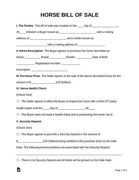 Free Horse Bill Of Sale Form Pdf Word