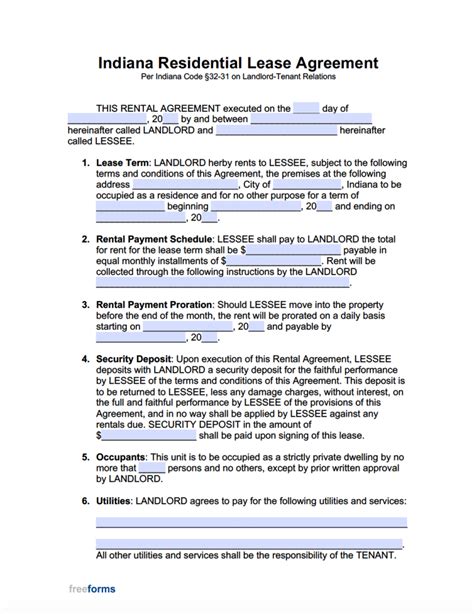 Free Indiana Rental Lease Agreement Templates Pdf Word