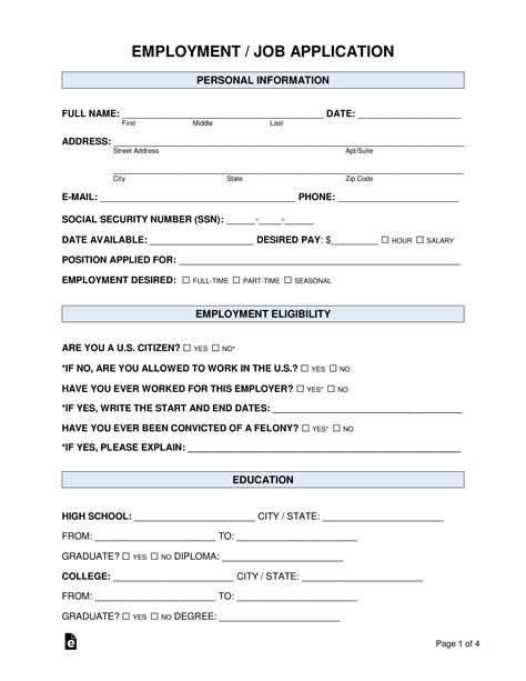 Free Job Application Form Standard Template Word Pdf Eforms