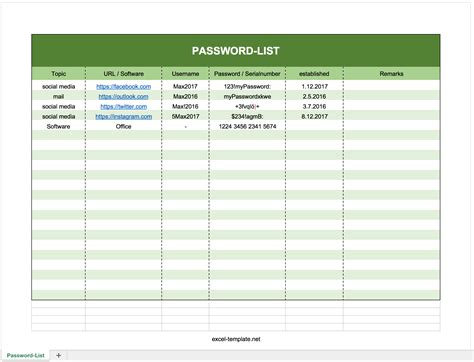 Free Password Log List As Excel Template