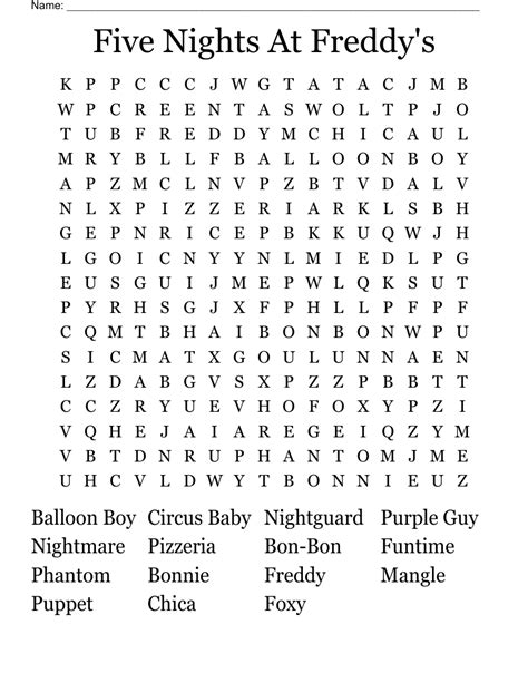 Free Printable Five Nights At Freddy S Word Search