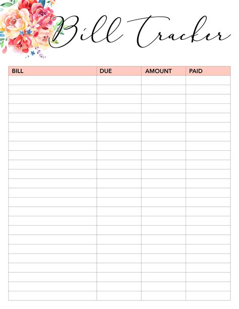 Free Printable Monthly Bill Tracker