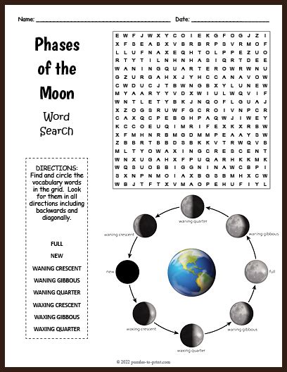 Free Printable Phases Of The Moon Word Search