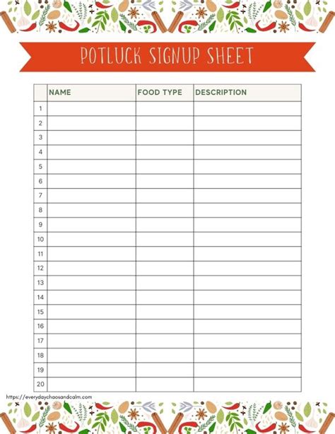 Free Printable Potluck Sign Up Sheets