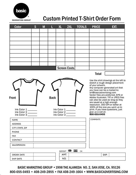 Free Printable Shirt Order Forms Printable Forms Free Online