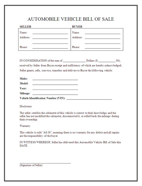 Free Printable Vehicle Bill Of Sale Template Form Generic