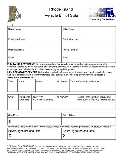 Free Rhode Island Car Bill Of Sale Template Fillable Forms