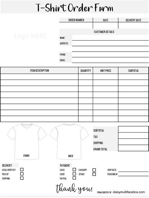 Free T Shirt Order Form Template Download T Shirt Design Template