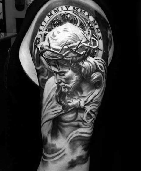 Full Arm Sleeve Religious Themed Guys 3D Jesus Tattoo Designs Jesus Tattoo Sleeve Christian