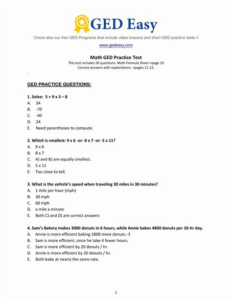 Ged Practice Test Pdf Math