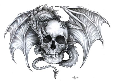 Grey Ink Dragon Sitting On Human Skull Tattoo Design Tattooimages Biz