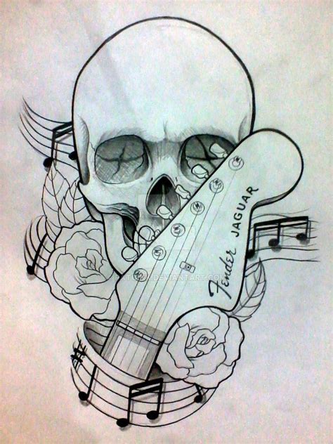 Guitar Hand Stock With Skull And Roses Tattoo Design By Pato Guitar Tattoo Design Music