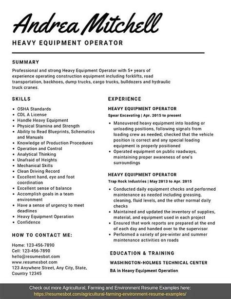 Heavy Equipment Operator Resume Example