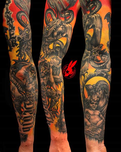 Hell Woodcut Sleeve Tattoo By Jackie Rabbit