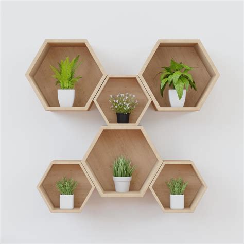 Hexagon Wooden Shelf Minimal Japanese Style Floating On The Wall Copy Space Hexagon Stock