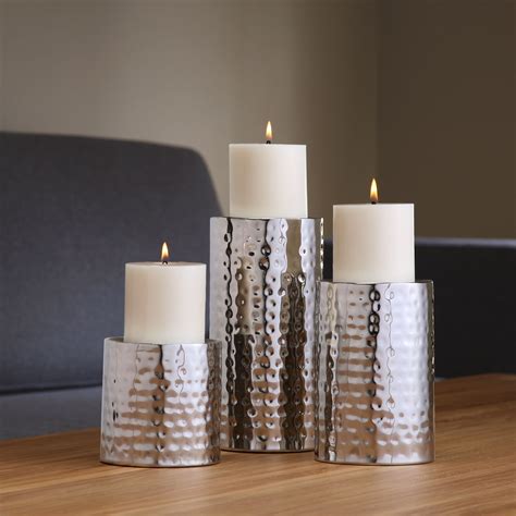 Hosley S Set Of 3 Silver Finish Pillar Led Candle Holders Pillar