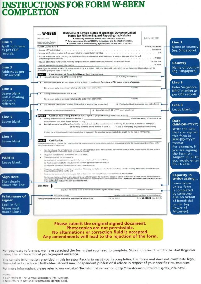 How To Fill Up W 8Ben Form For Us Manulife Reit My Sweet Retirement