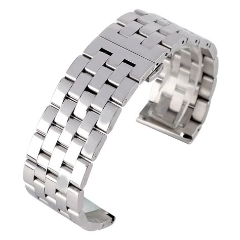 Hq 24Mm 26Mm Silver Stainless Steel Watch Bands Solid Link Watch Strap With Deployment Buckle