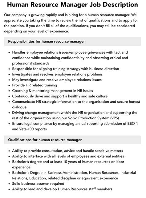 Human Resource Manager Job Description Velvet Jobs