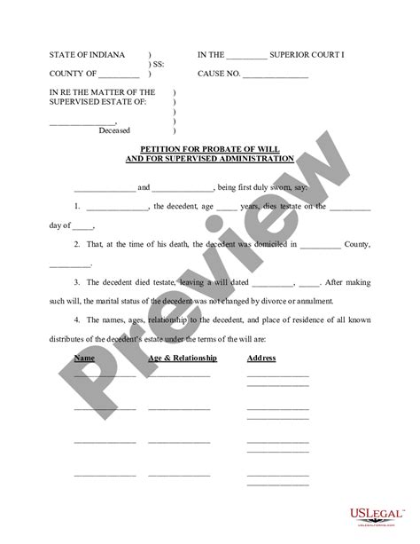 Indiana Petition For Probate Of Will And For Supervised Administration