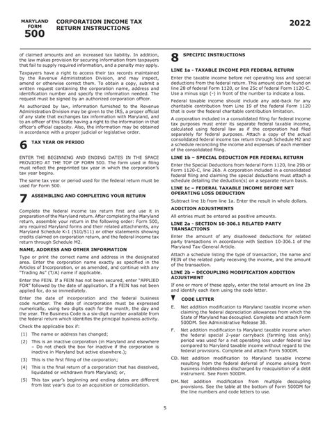 Instructions For Maryland Form 500 Corporation Income Tax Return