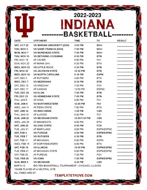 IU Basketball Schedule Printable 2023-24 Season