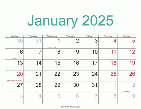 January 2025 Calendar Printable With Holidays Whatisthedatetoday Com