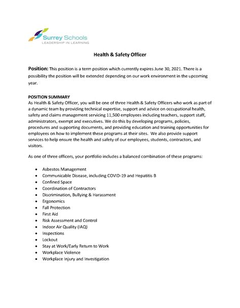 Job Opportunity Health Amp Safety Officer Surrey Schools Bc Municipal Safety Association