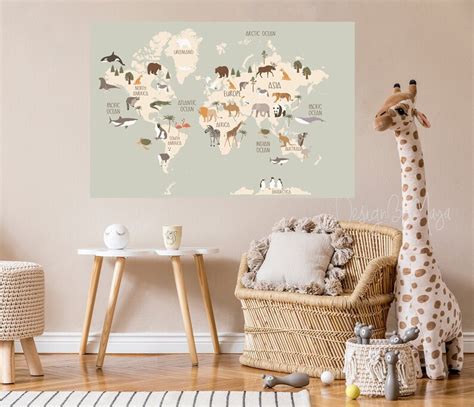 Kids World Map Mural Children S World Map With Animal Etsy