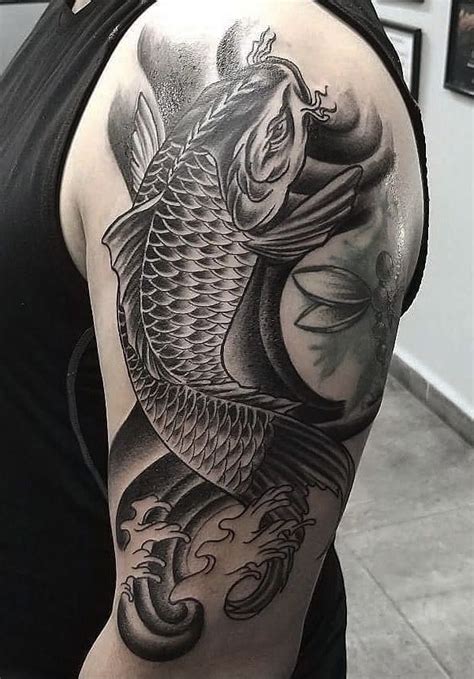 Koi Fish Tattoo Half Sleeve Black And Grey Koi Fish Tattoo Mens